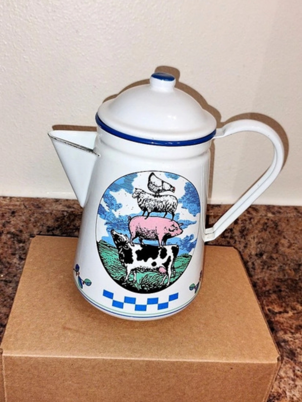 Barnyard Animals enamelware pitcher White & Blue